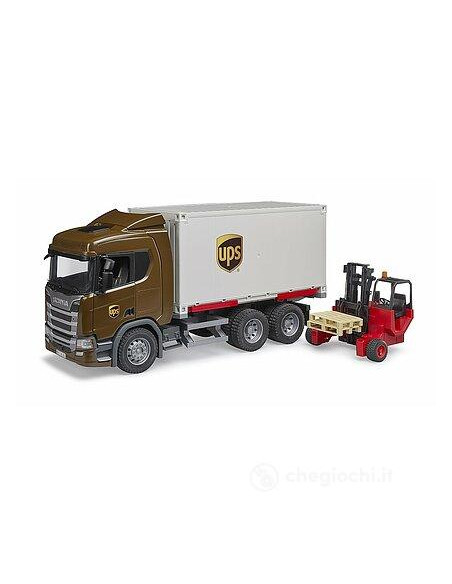 Bruder - Scania Super 560R Camion UPS Portacontainer con muletto