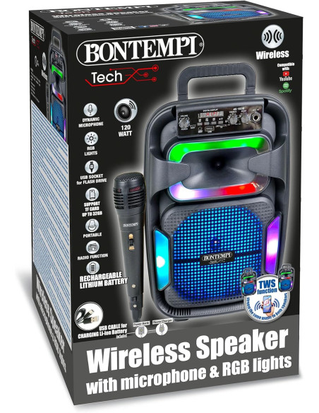 Bontempi - Amplificatore Wireless con microfono effetti luminosi  e eco + regolatore alti e bassi
