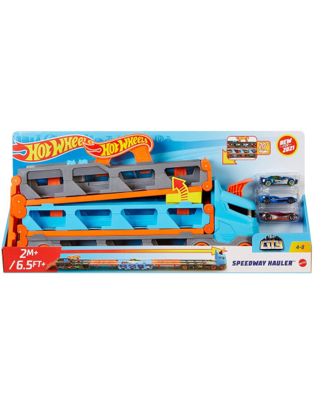 Hot Wheels 2in1 Camion Trasportatore e Pista con 3 Macchinine