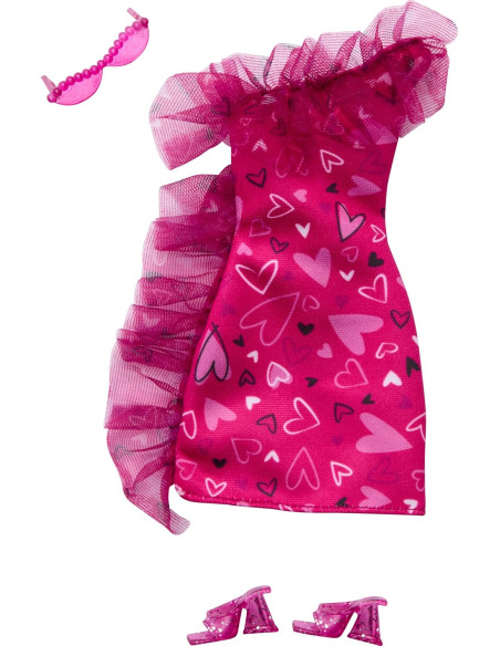 Barbie Look Completo Vestito Rosa con cuori e accessori