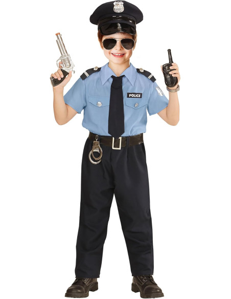 Poliziotto camicia, pantaloni, cintura, cravatta, cappello 5/7 anni