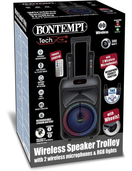 Bontempi - Cassa Wireless Trolley con 2 microfoni e Luci 